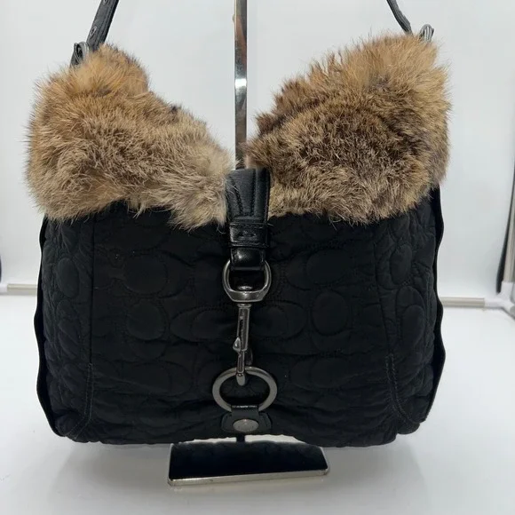 Coach Vintage Black Quilted Fur Trimmed Shoulder Bag Hobo Purse - Picture 3 of 16